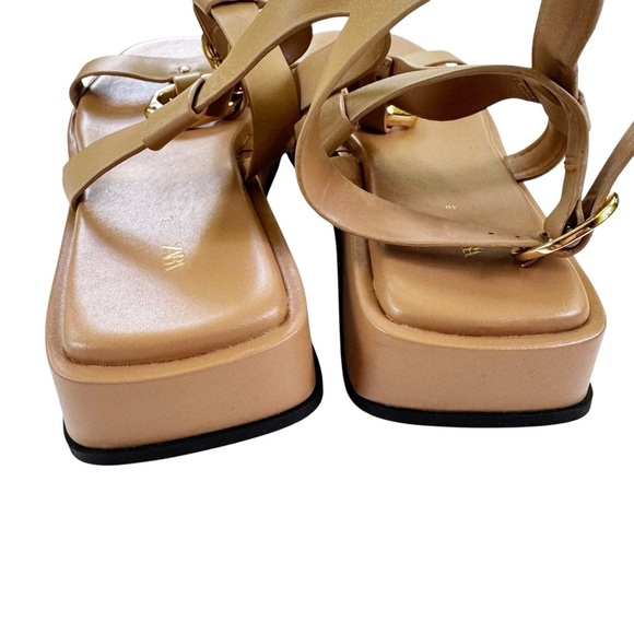 New ZARA Leather Embellished Flatform Leather Sandals Nude Size 40 Or 9 - Picture 9 of 16